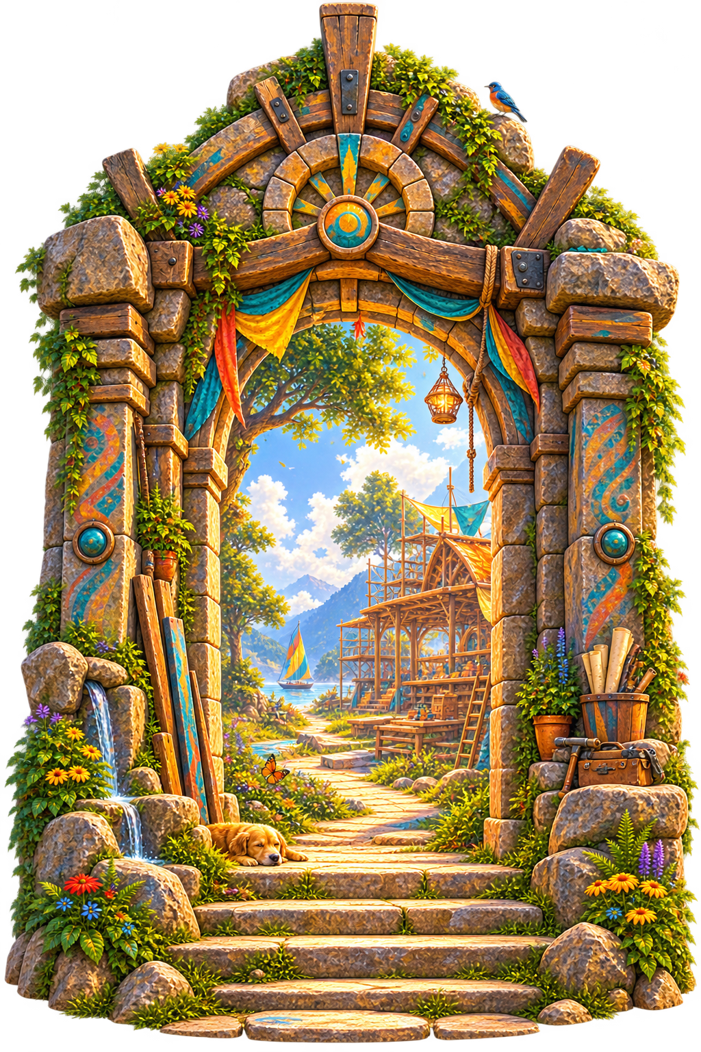 An open Creation OG portal leading toward a living workshop where something is being built