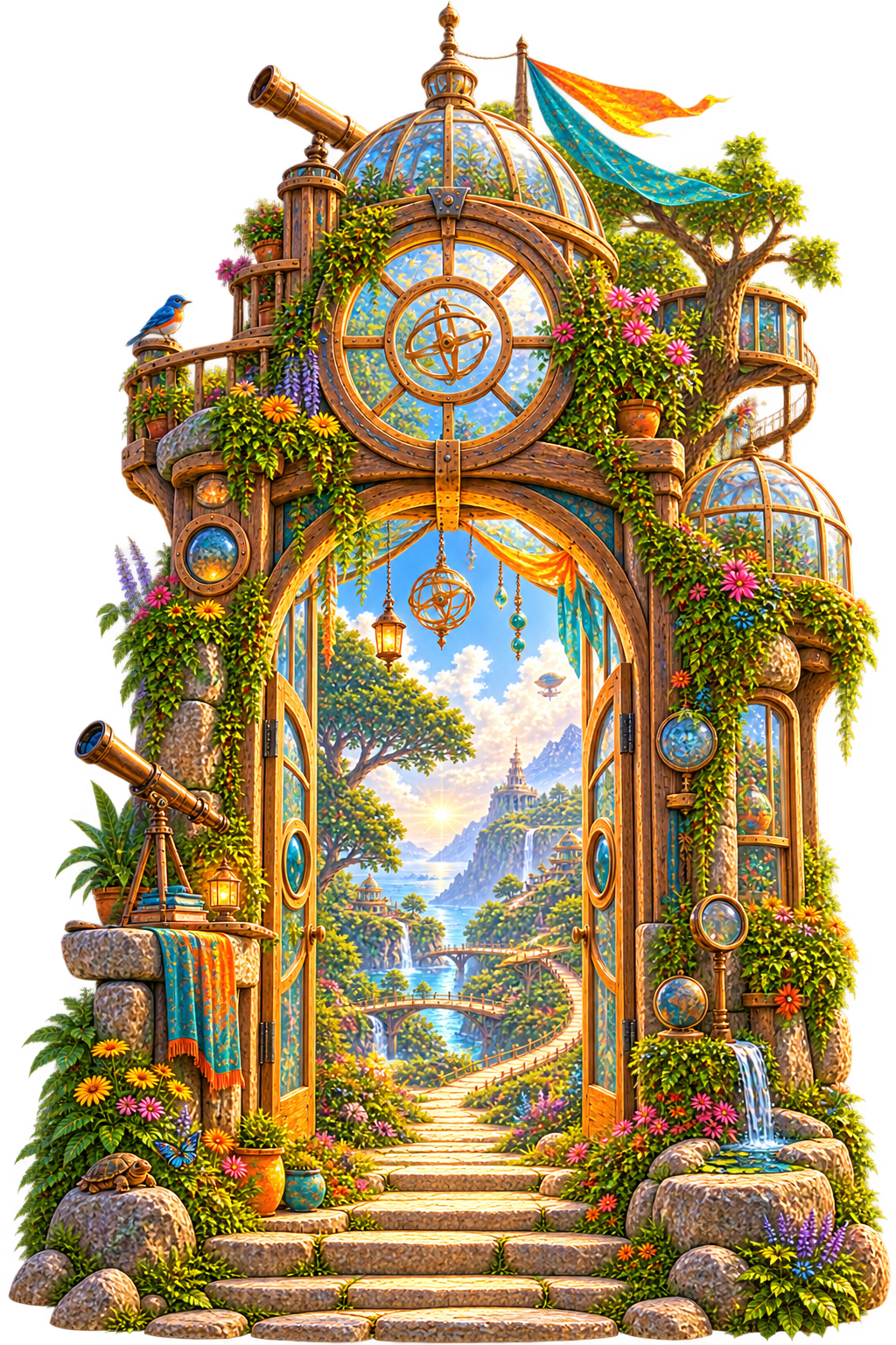An open Creation OG exploration portal filled with glass, plants, observation tools and paths to discover